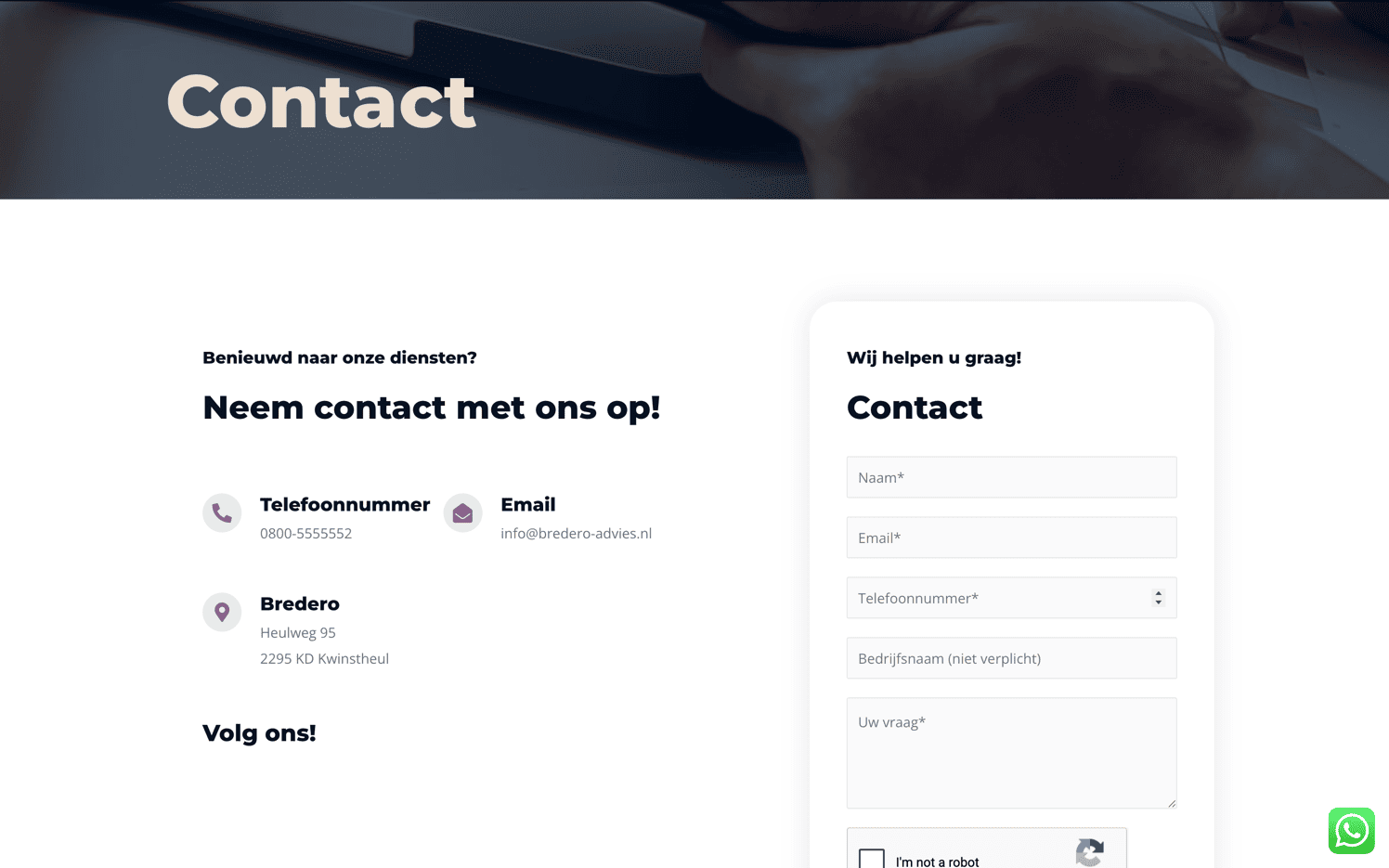 De vorige contactpagina van Bredero