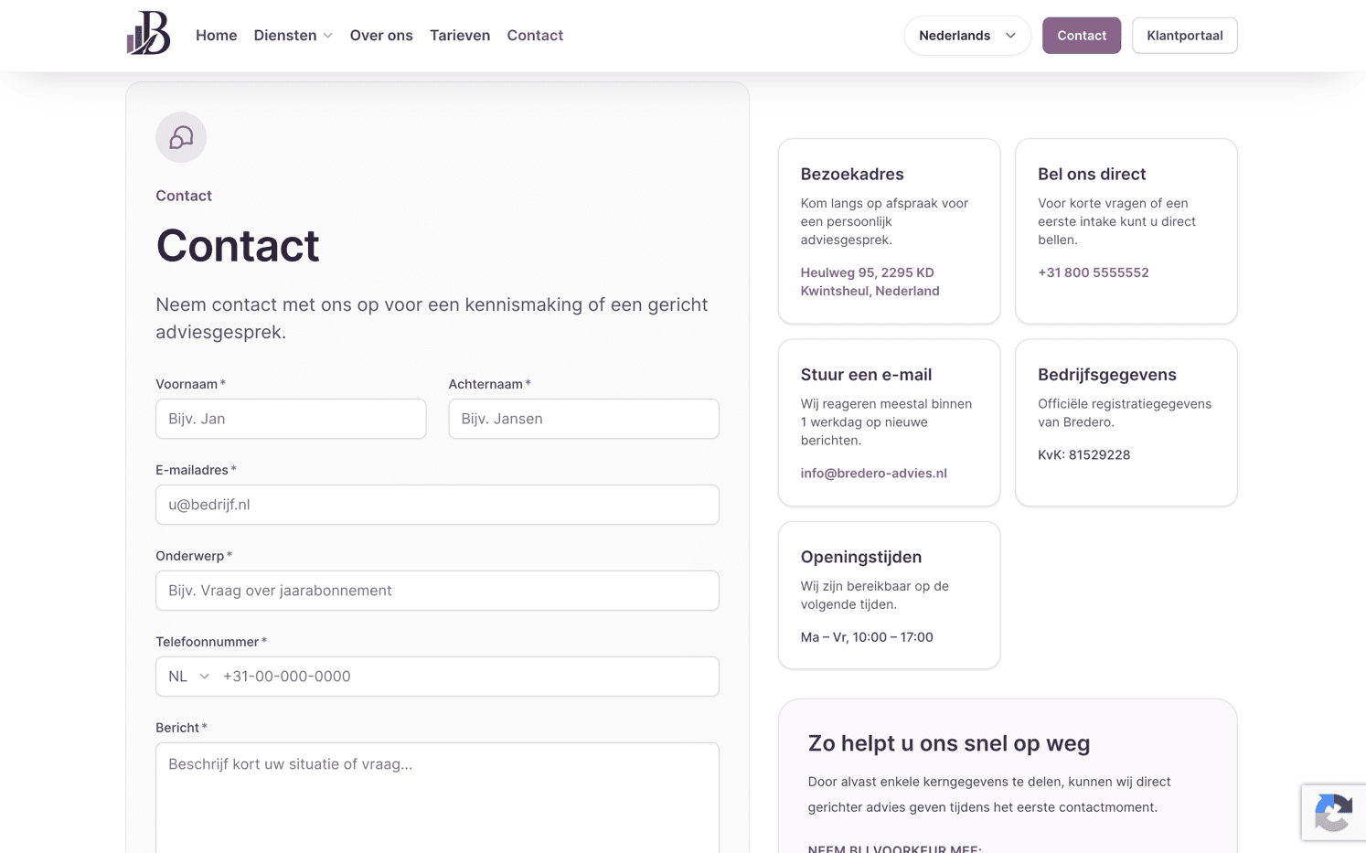 De vernieuwde contactpagina van Bredero